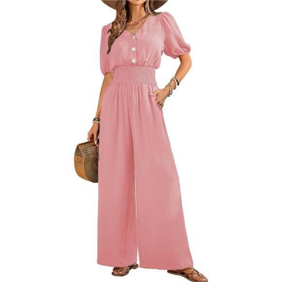 Womens Jumpsuits Short Sleeve V Neck Pink